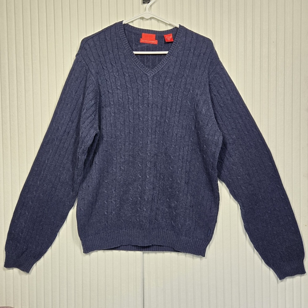 IZOD Mens XL Navy Blue Cotton Cashmere V-Neck Cable Knit Sweater 4586027